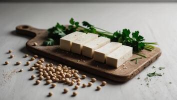 Soy tofu on a cutting board with parsley photo