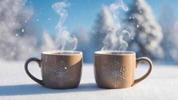 Two coffee cups with steaming steam on a snowy background photo