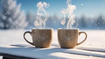 Two coffee cups with steam coming out of them on a snowy table photo
