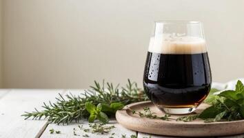A glass of dark beer with herbs and spices photo