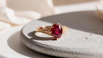 A red stone ring sitting on top of a stone photo