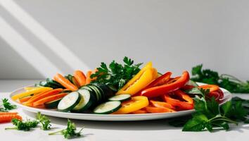A plate of vegetables with carrots, peppers, and cucumbers photo