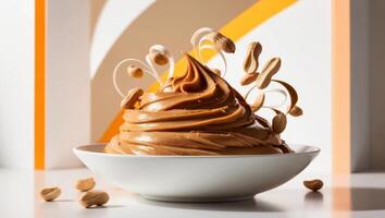 A bowl of peanut butter with nuts on top photo