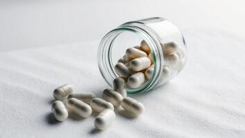 A jar filled with pills on a white surface photo