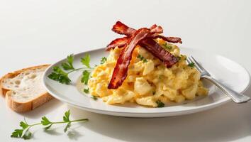 A plate of scrambled eggs with bacon on top photo