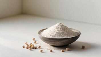 A bowl of flour and nuts on a white surface photo
