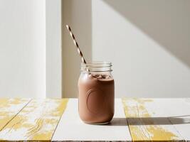Chocolate milk in a glass jar on a wooden table photo