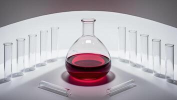 A glass bottle with red liquid sitting on top of a table photo