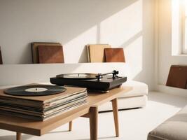 A record player sits on a table in front of a couch photo