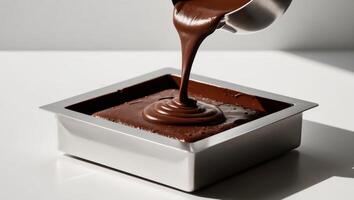 A person pouring chocolate into a square container photo