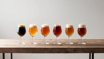 Six different types of beer are lined up on a table photo