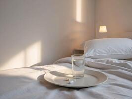 un vaso de agua se sienta en un plato en un cama foto