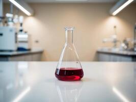A flask with red liquid sitting on a table photo