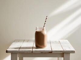 A glass jar with a straw sitting on a wooden table photo