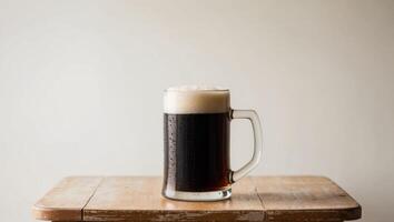 A glass of dark beer sitting on top of a wooden table photo