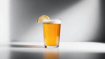 A glass of beer with a lemon slice on top photo