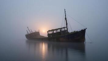 A boat sits in the fog at sunset photo