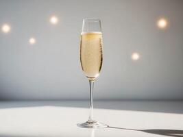 A glass of champagne on a table with a light behind it photo