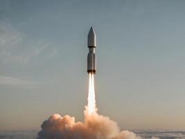 A rocket is taking off into the sky photo