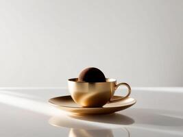 Golden egg in a cup on a saucer photo