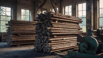 A room with a lot of logs stacked up photo