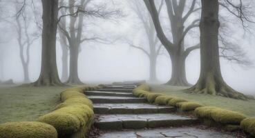 A path in the fog with mossy stones photo