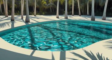 A pool surrounded by palm trees in the middle of a tropical landscape photo