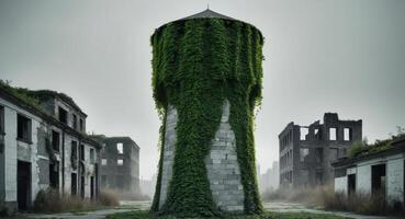 A tall green tower with ivy growing on it photo