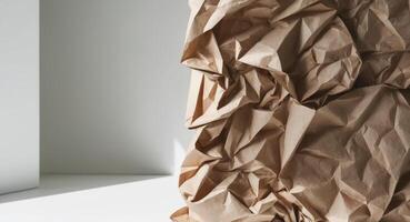 A brown paper bag is sitting on a white floor photo