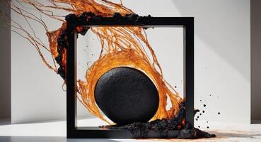 A black stone is sitting in a frame with orange liquid photo