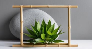 Bamboo frame with green plant on grey background photo