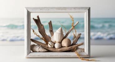 Driftwood and shells in a frame on a white table photo