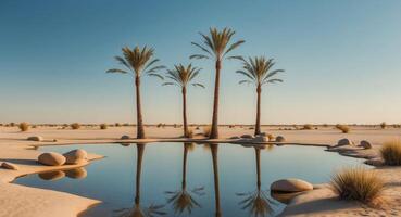 Palm trees in the desert with water in the middle photo