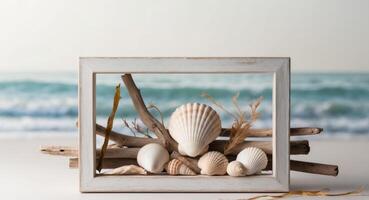 Shells and driftwood in a frame on a white background photo