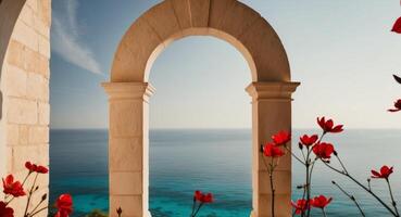 A view of the ocean from an archway photo