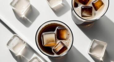 Two glasses of cola with ice cubes on a white surface photo