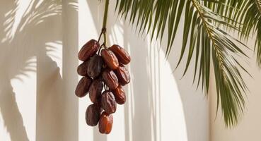 Dates hanging from a palm tree photo
