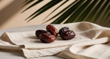 Dates on linen cloth with palm tree in background photo