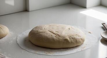 A dough ball sits on a counter next to a bowl photo