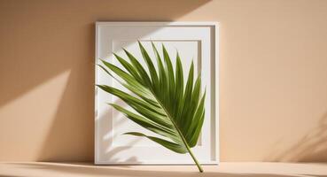 A palm leaf is sitting on a table next to a white door photo