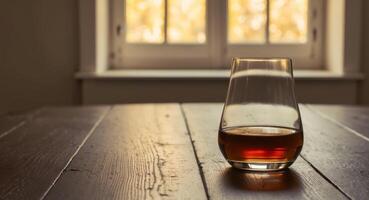 A glass of whiskey sitting on a table in front of a window photo
