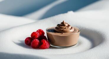 A dessert with chocolate and raspberries on a white background photo