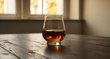 A glass of whisky sitting on a table photo