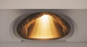A light coming out of a cave with a light shining through photo