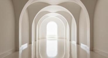A long white hallway with arches and a window photo