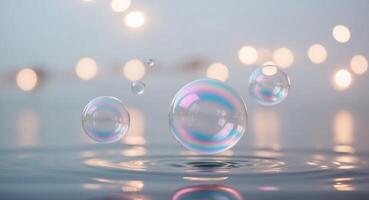 Bubbles floating in water with lights in the background photo