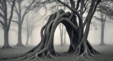 A tree with roots in the fog photo