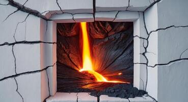 A lava flow coming out of a hole in a wall photo