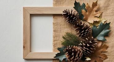 Wooden frame with pine cones and leaves on a white background photo