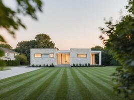 A modern home with a grassy lawn and trees photo